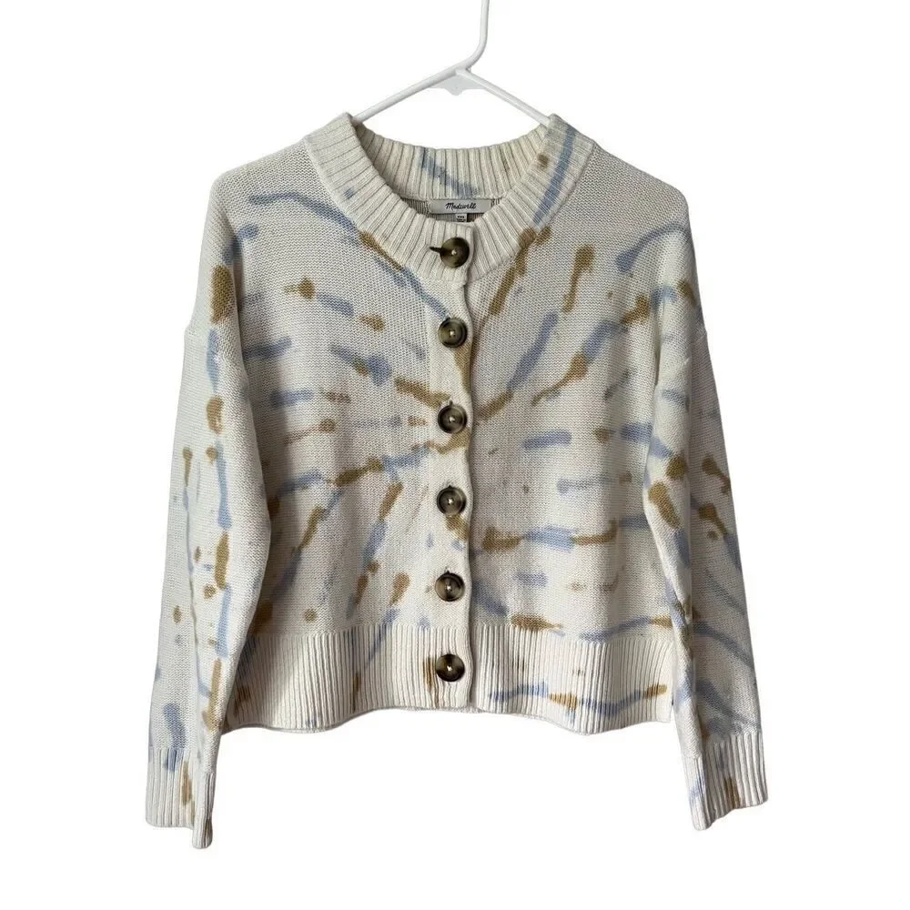 NWOT‎ Tie-Dye Broadway Cardigan Sweater size XXS Button Front Tan Cream Blue